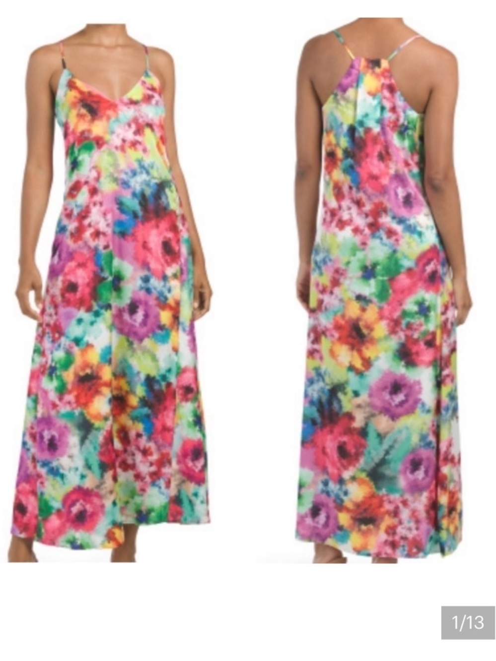 Nicole Miller Multicolor Watercolor Floral Satin Racerback Maxi Dress Large